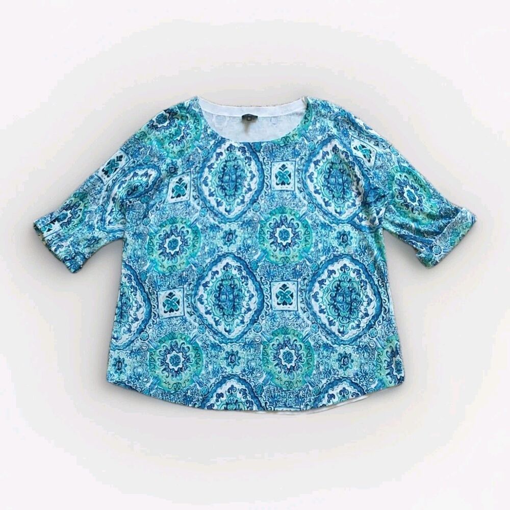 Talbots Shirt Top Womens 2X Blue Floral 3/4 Sleeve Neck Cotton Stretch Knit